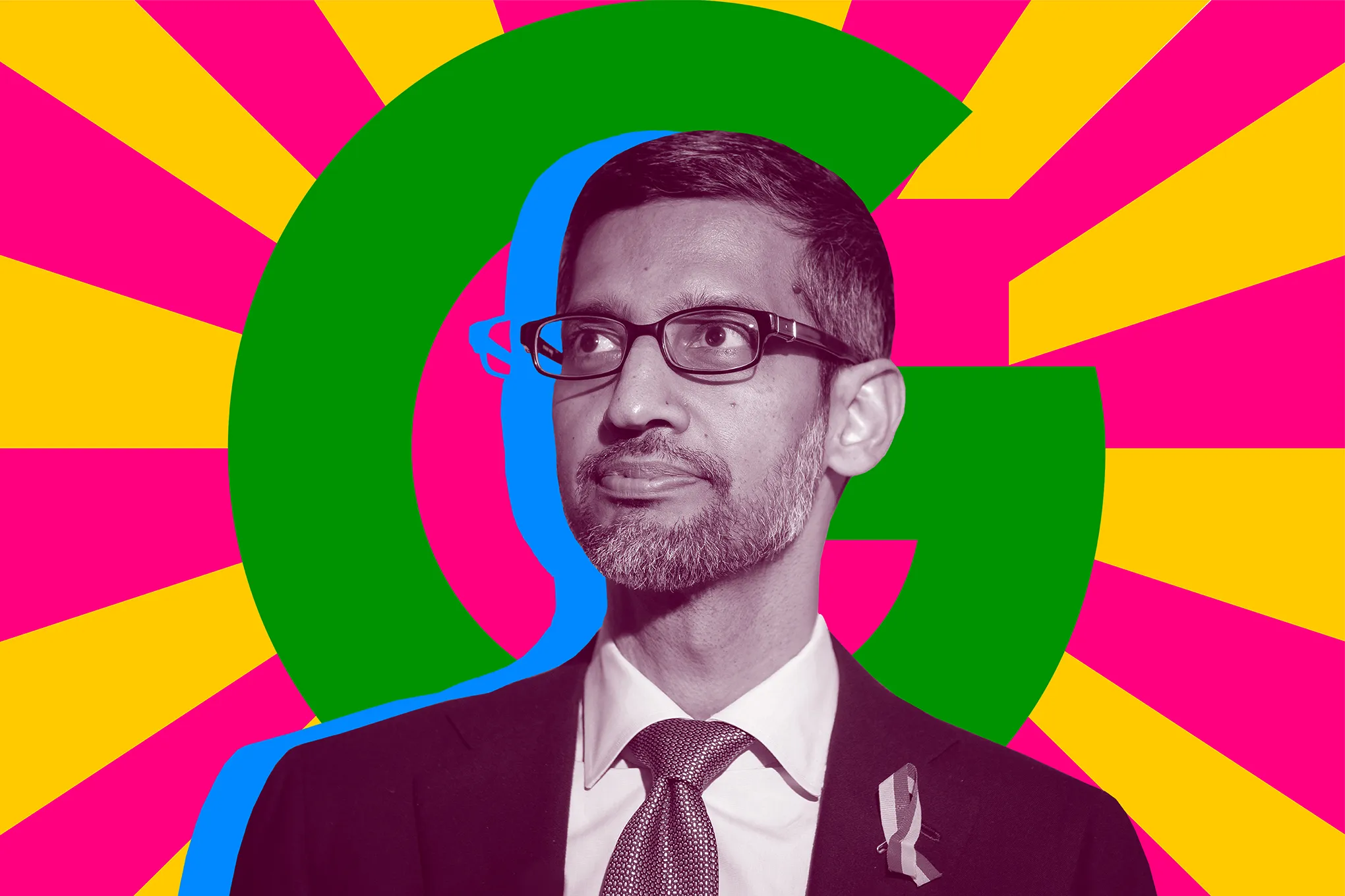 Sundar Pichai in front of a Google logo